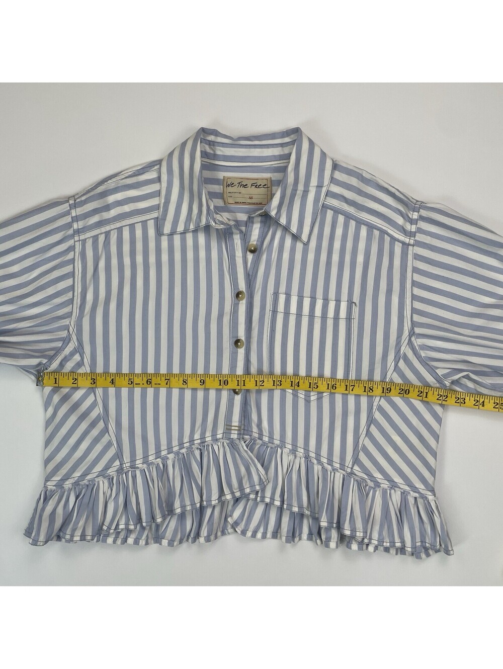 Free People We The Free Bailey Stripe Shirt Blue Cropped Ruffle Blouse XS - Picture 8 of 8